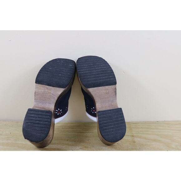 Vintage Tommy Hilfiger Shoes 7.5M Blue Leather Wooden Platform Chunky Y2K Clogs - Picture 5 of 11